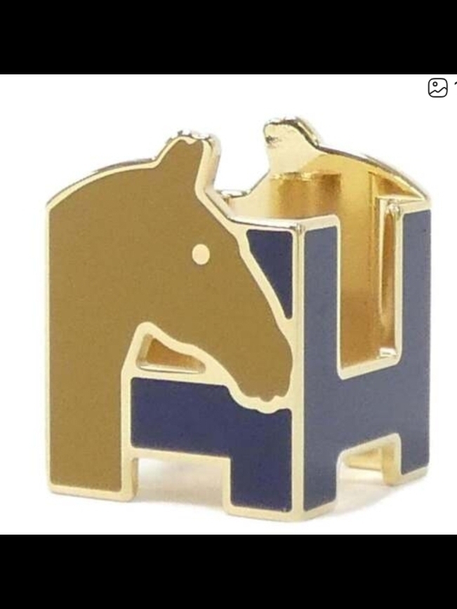 Hermes Gold And Navy Enamel Horse 'H' Scarf Ring